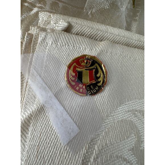 Vtg Beige Linen Double Damask Tablecloth Napkins Floral Garlands Acanthus Leave - Picture 3 of 16